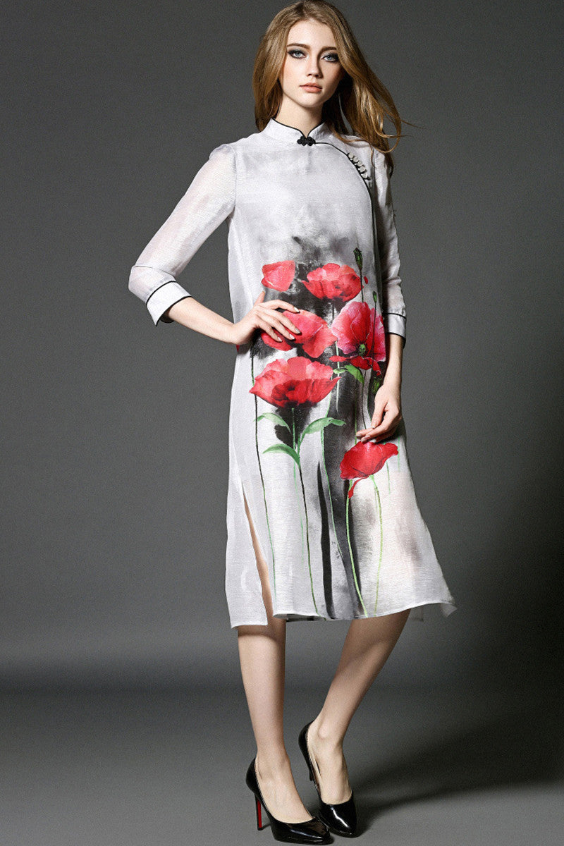 Stand Collar Flowers Print Chi-Pao Dress