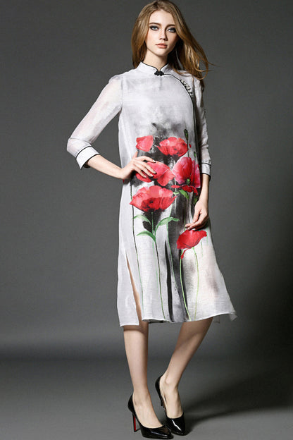 Stand Collar Flowers Print Chi-Pao Dress