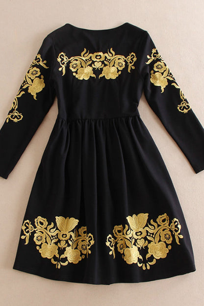 WOMEN'S ELEGANCE PRINTING BLACK A-LINE MIDI DRESS