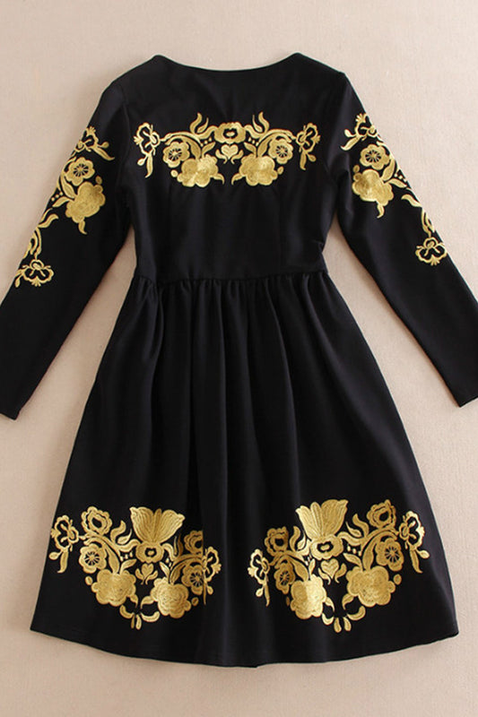 WOMEN'S ELEGANCE PRINTING BLACK A-LINE MIDI DRESS
