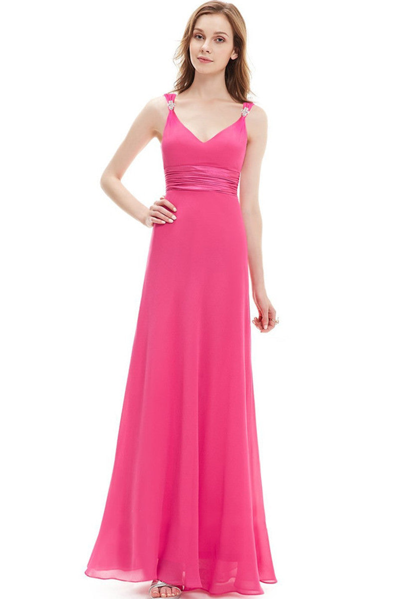 Double V-Neck Rhinestones Ruched Bust Gown Long Dress