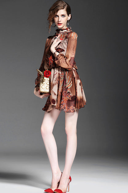 women's loose print and floral ruffle neck long sleeve dress