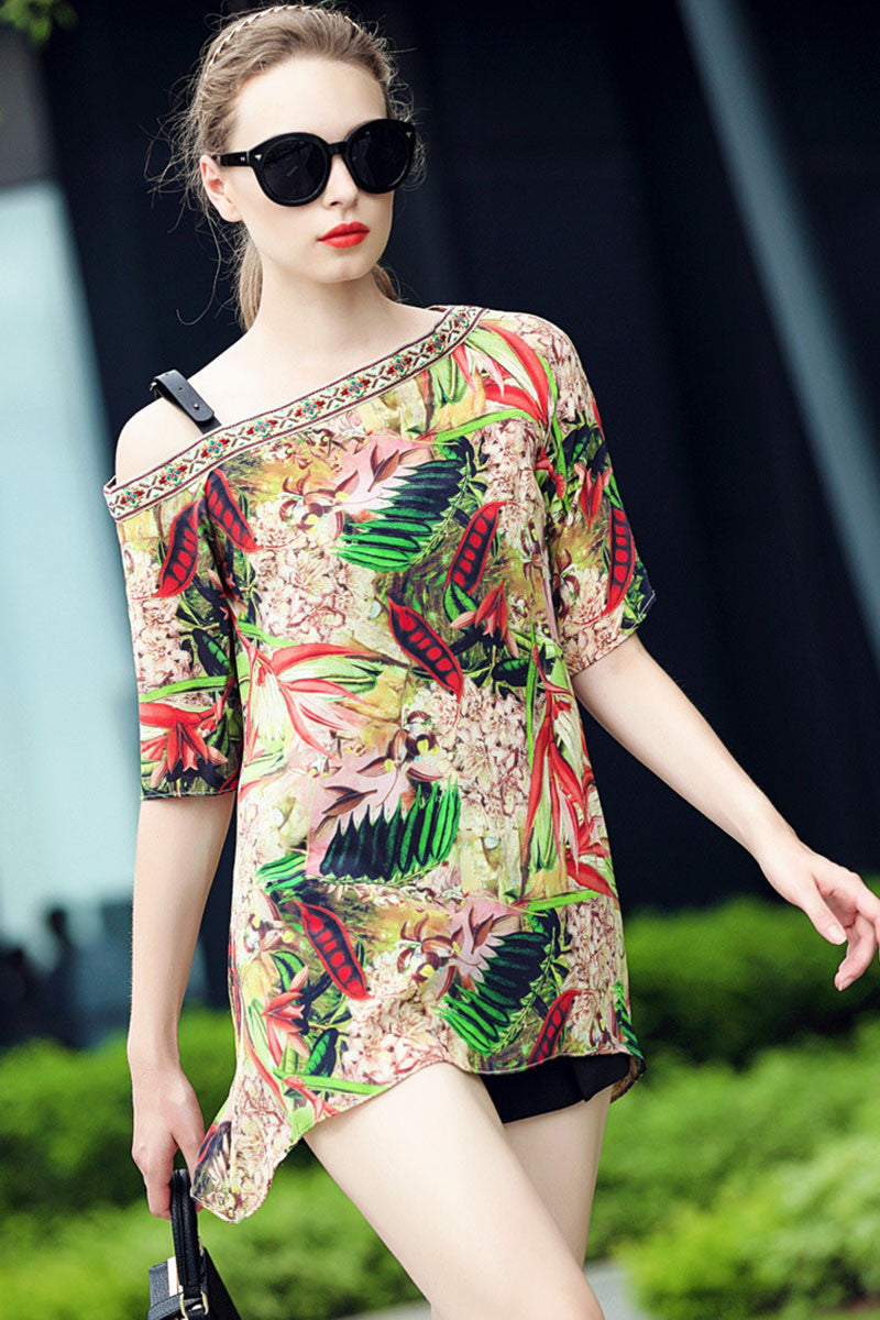 Slash Neck Floral Pattern Loose Top