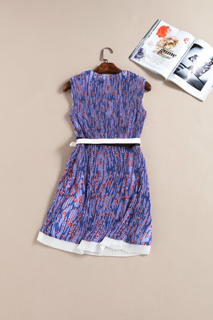 V Neck Sleeveless Pleated Vacation Short Dress With Belt