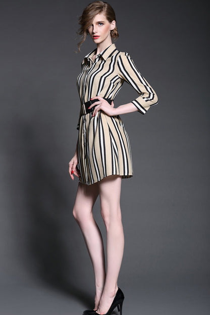 1 Women's Polo Neck Shirt Half Sleeve Slim Stripe Dresses With Belt - NJOYDRESS - 2