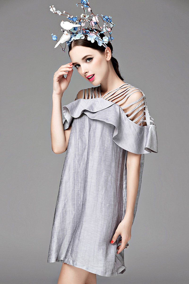 Hollow Out Open Shoudler Ruffle Hem Loose Dress