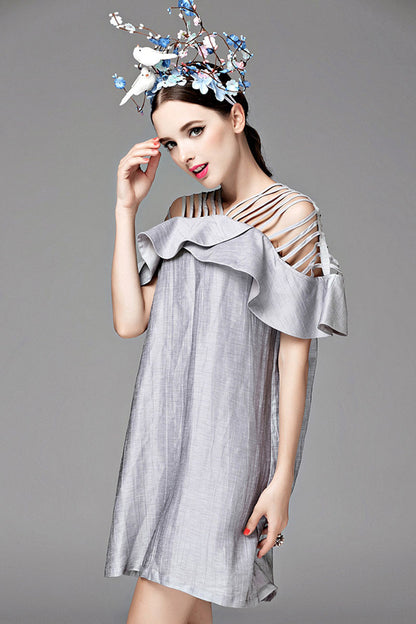 Hollow Out Open Shoudler Ruffle Hem Loose Dress