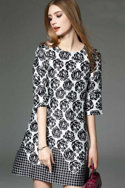 Half Sleeve Rose Pattern Shift Dress