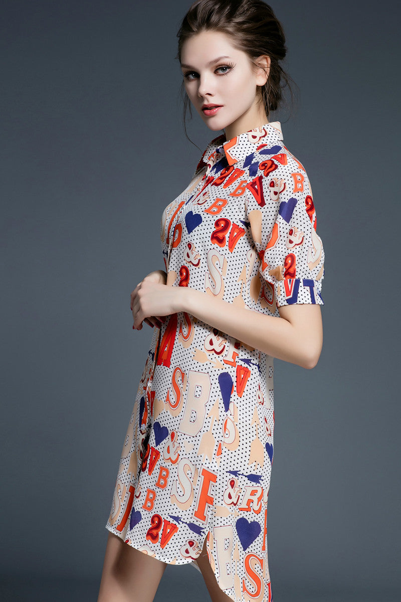 Lapel Neck Letter Print Side Slit Irregular Shirt Dress