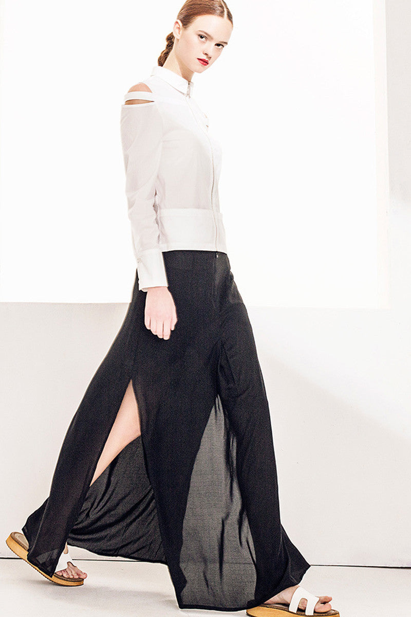 Lapel Neck Cut-Out And Open Shoulder Blouse With Zipper