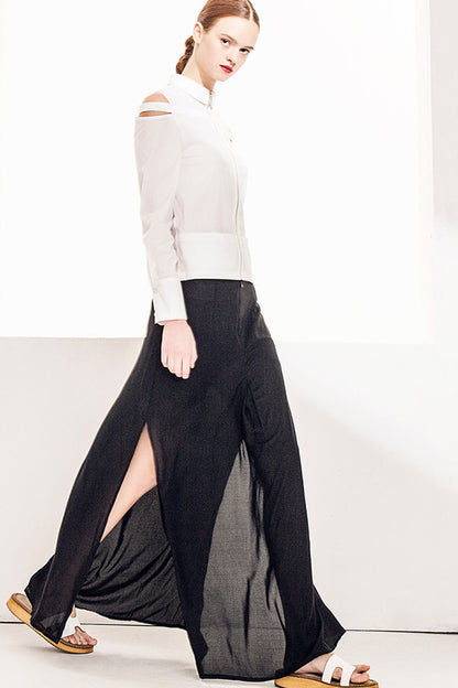 Lapel Neck Cut-Out And Open Shoulder Blouse With Zipper