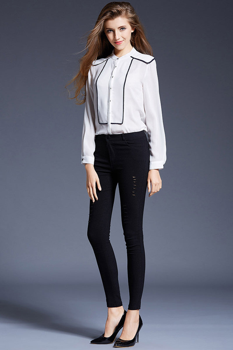 Round Collar H-Line Chiffon Blouse