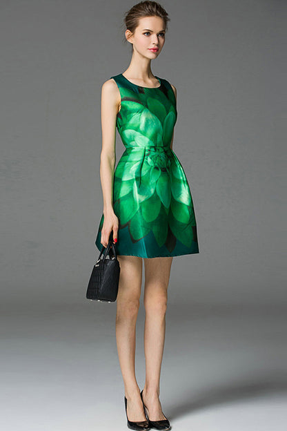 Formal Round Neck Lotus Pattern Printed Short Dress