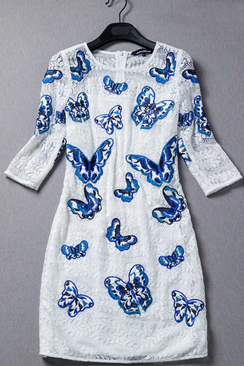 Round Collar Butterfly Embroidered Lace Bodycon Dress