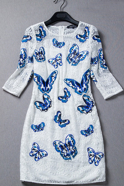 Round Collar Butterfly Embroidered Lace Bodycon Dress