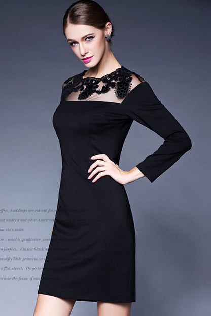 ELEGANT LONG SLEEVE LACING ROUND NECK SLIM COCKTAIL DRESS