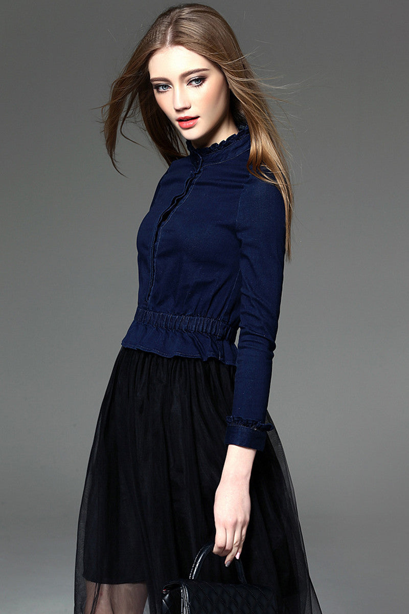 Women's Stand Collar Grace Wear to Work 9 Sleeve Mini Dress