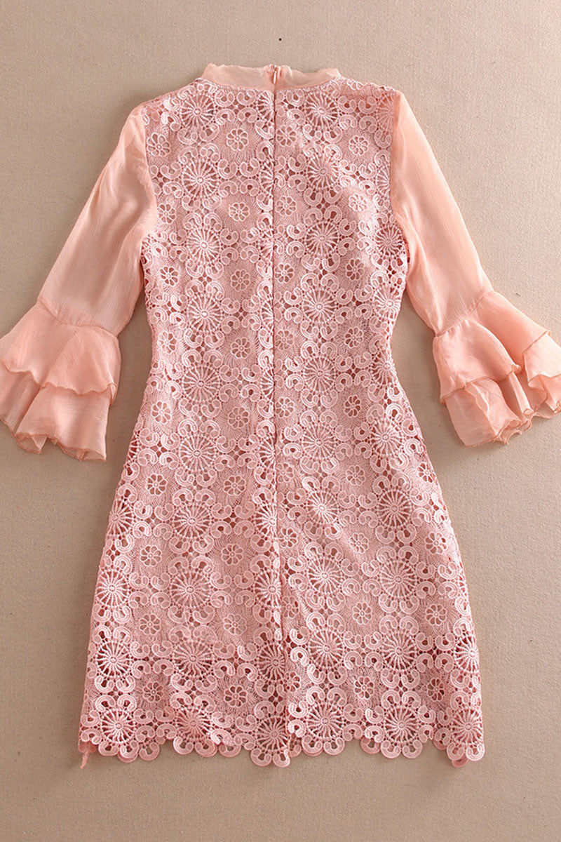 Round Collar Lattern Flare Chiffon Sleeve Lace Dress