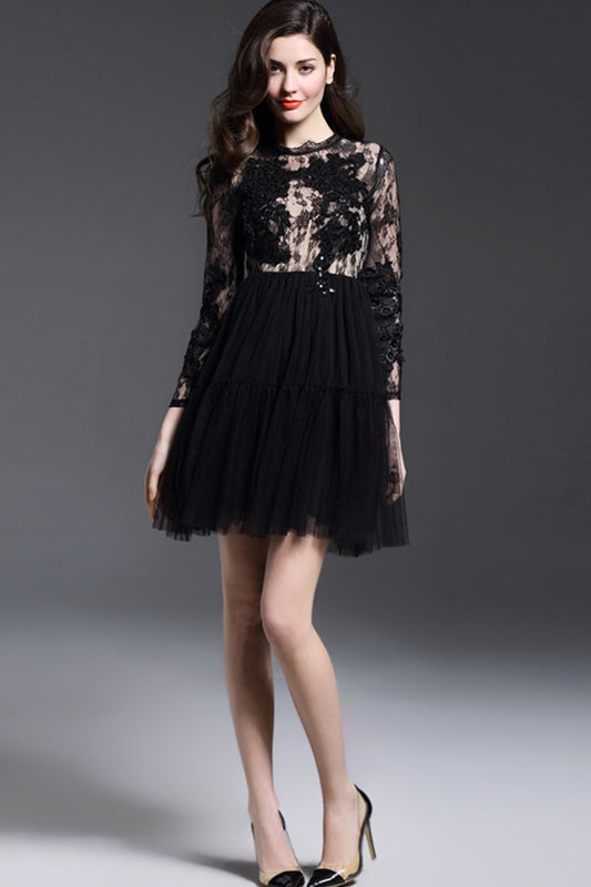Elegant Sheer Mesh Lace Embroidery Little Black Skirt