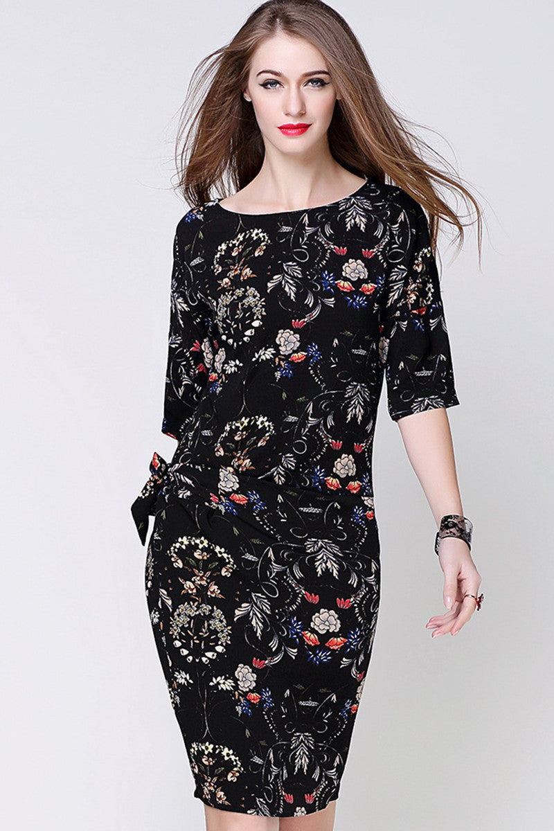 Floral Printting Dress With Side Bow Tie - NJOYDRESS - 1
