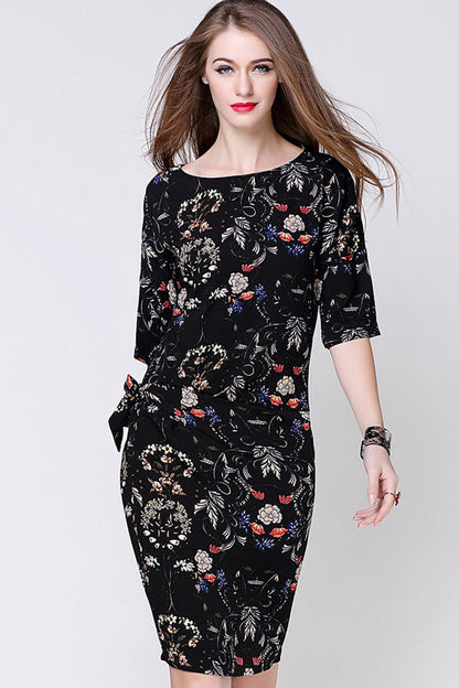 Floral Printting Dress With Side Bow Tie - NJOYDRESS - 1
