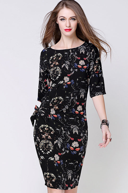 Floral Printting Dress With Side Bow Tie - NJOYDRESS - 1