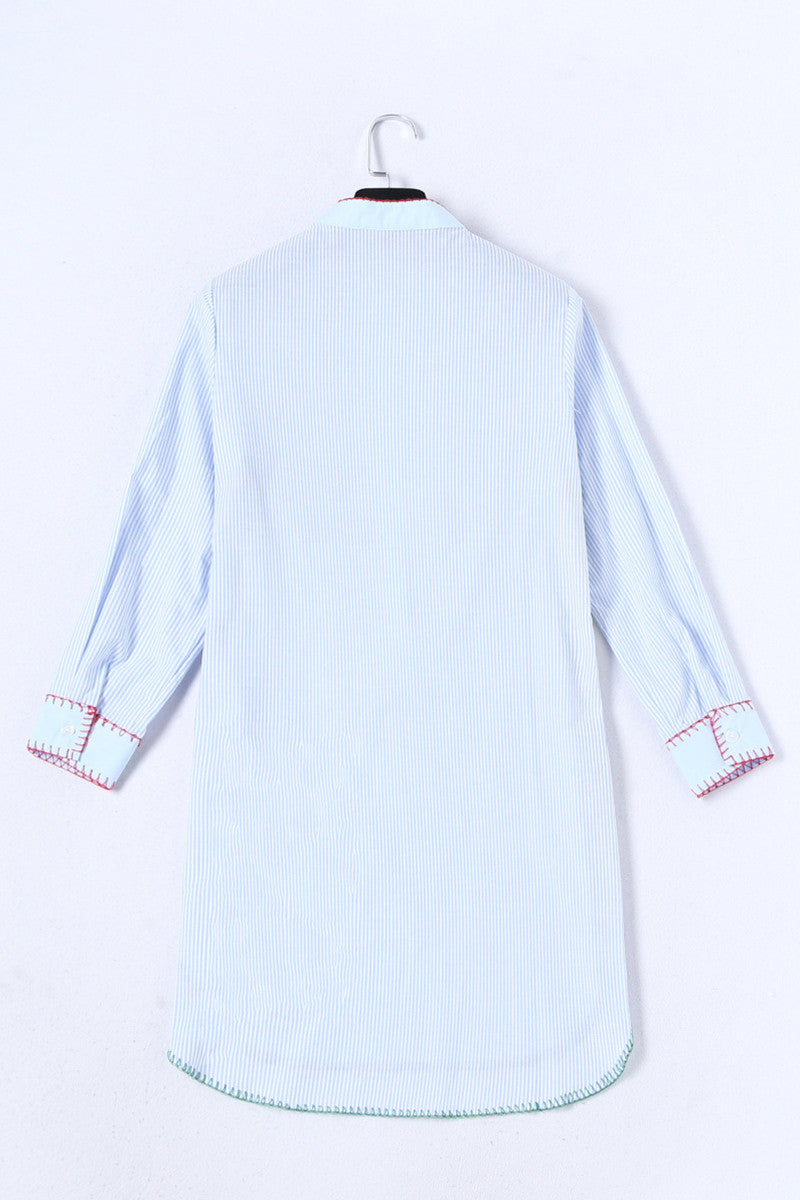 Color Block And Lace Patch Slim Stripe Irregular Shirt Dress - NJOYDRESS - 2