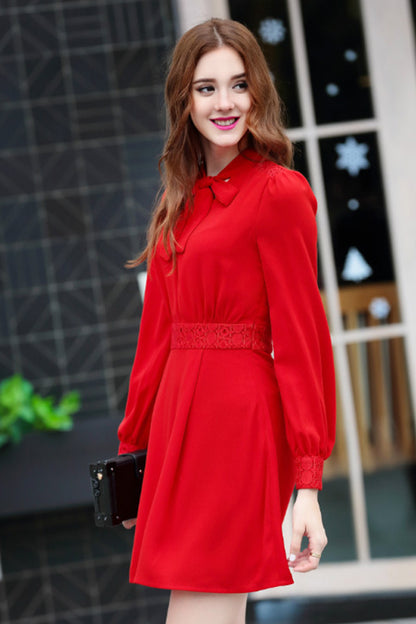 Bowknot Neck Long Sleeve Dress