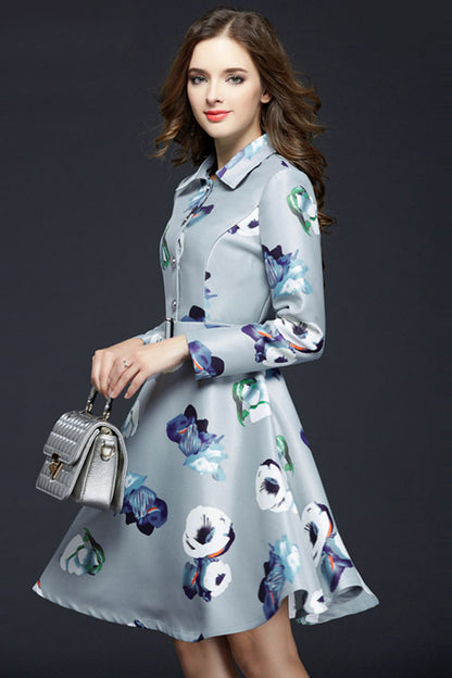 Multi Floral Lapel Flared Dress With Belt