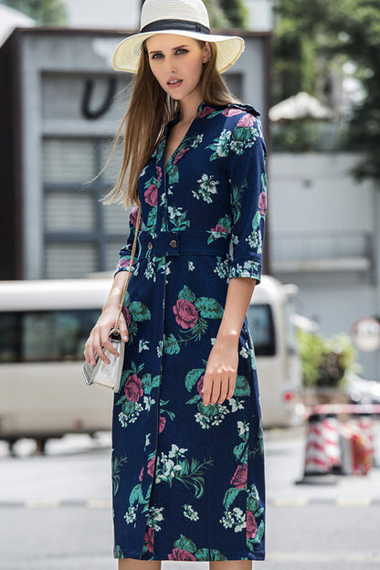 V Neck Floral Front Empire Waist Wrap Slim Dress