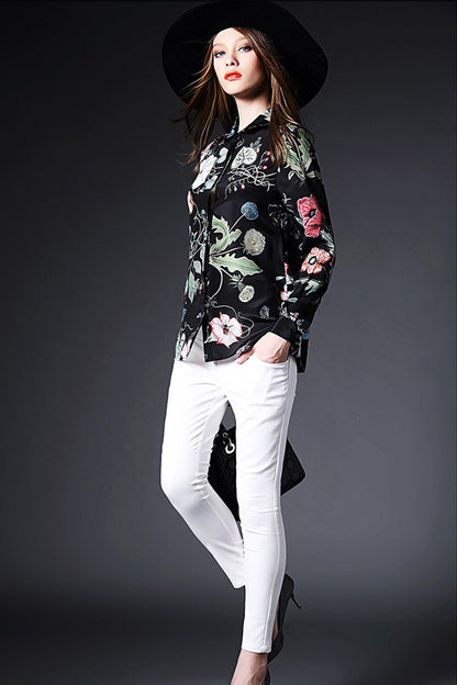 LONG SLEEVE POLO NECK PRINT AND FLORAL T-SHIRT