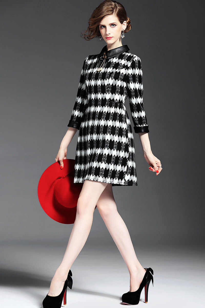 PU Lapel Neck Striped Wavy Print Tunic Dress