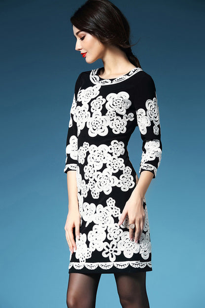 WOMEN'S PRINT AND FLORAL ROUND NECK 3/4 SLEEVE PARTY DRESS