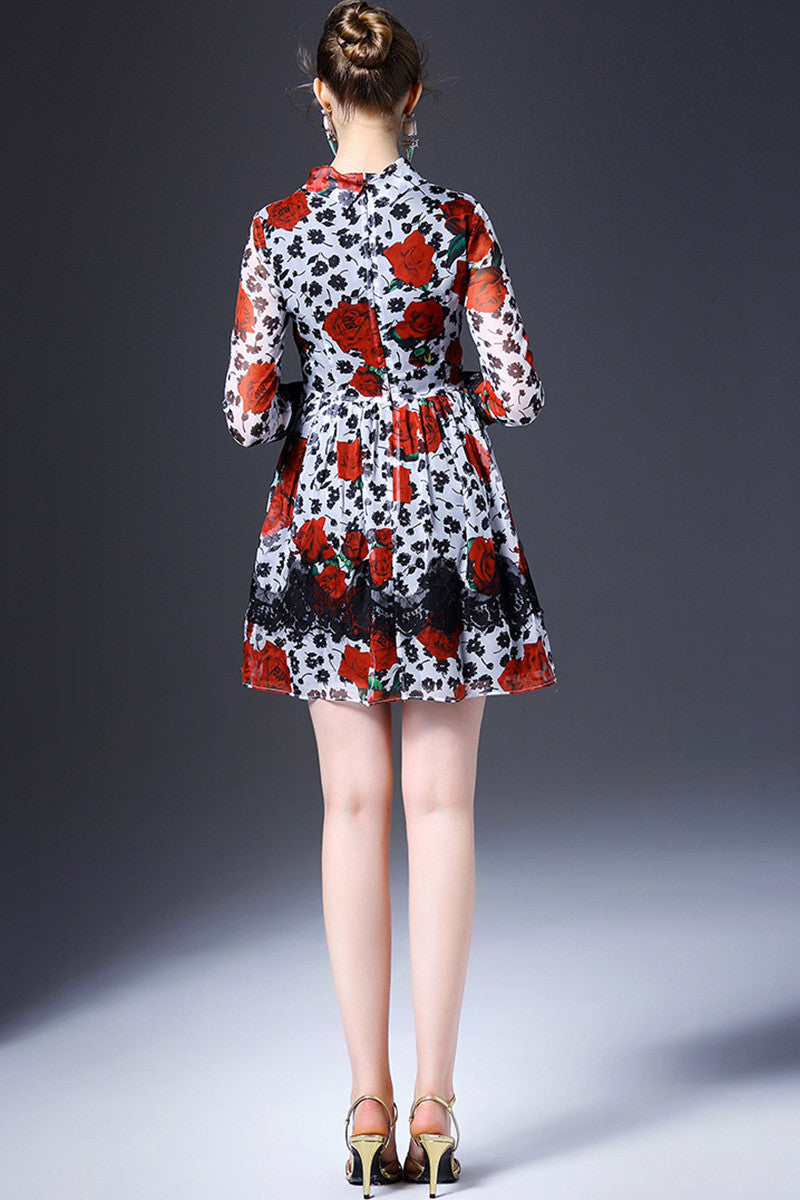 Mock Neck Long Sleeve Floral Printing With Lace PatCH Flared Dress