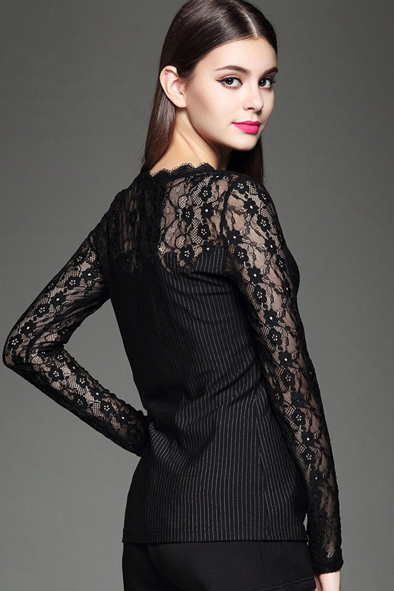 Eyelash Lace Joint Thin Stripe Tops