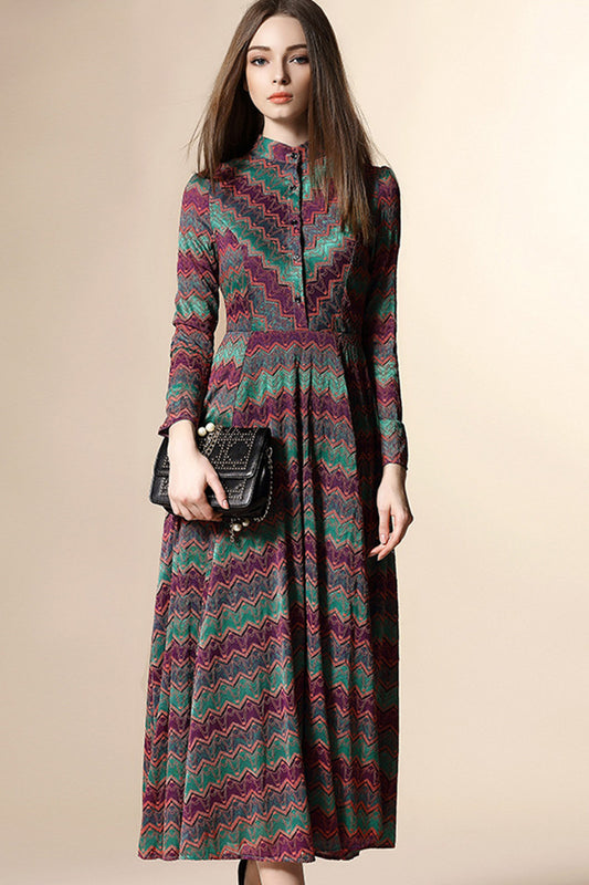 Round Collar Geometry Pattern Lace Patch Vintage Ankle  Chiffon Dress - NJOYDRESS - 1