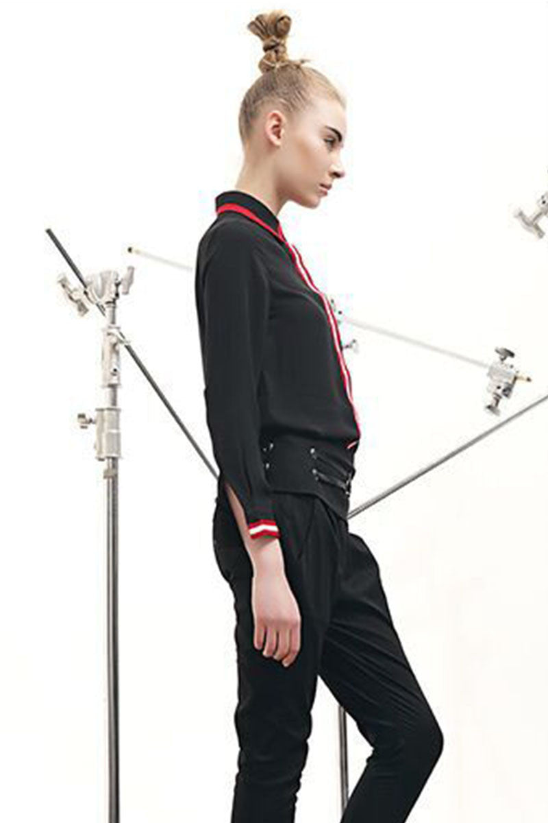 Lapel Neck Stripe Patch Blouse Shirt Top