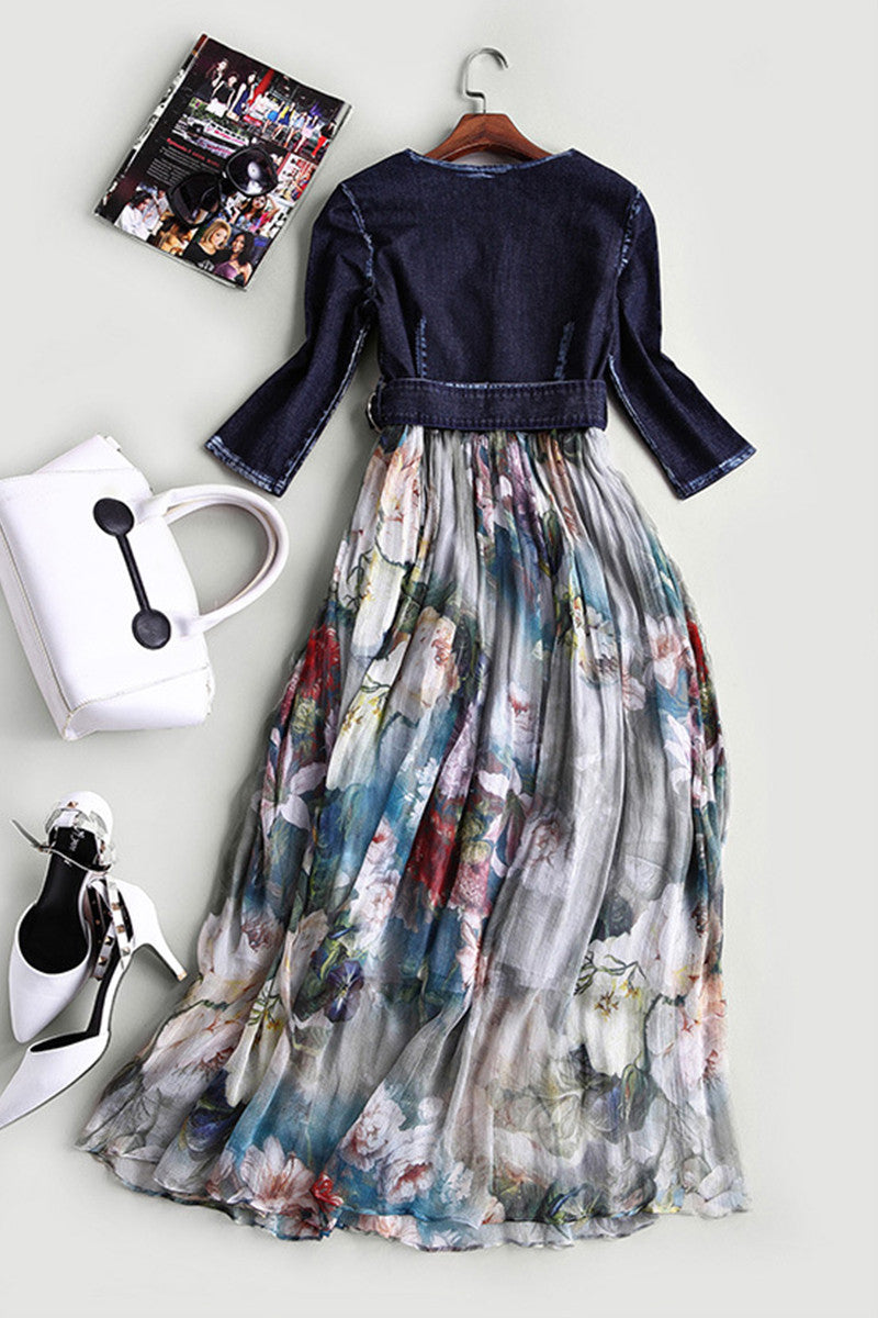 V Neck Waist Lacing Denim Top Patch Chiffon Dress - NJOYDRESS - 2