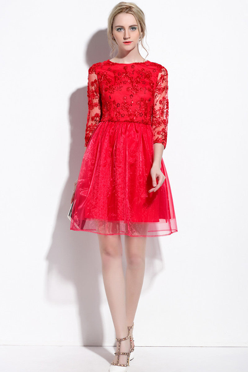 Round Collar Floral Embroidery Applique Sheer Organza Full Pleated Dress