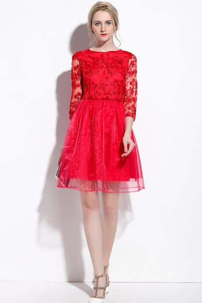 Round Collar Floral Embroidery Applique Sheer Organza Full Pleated Dress