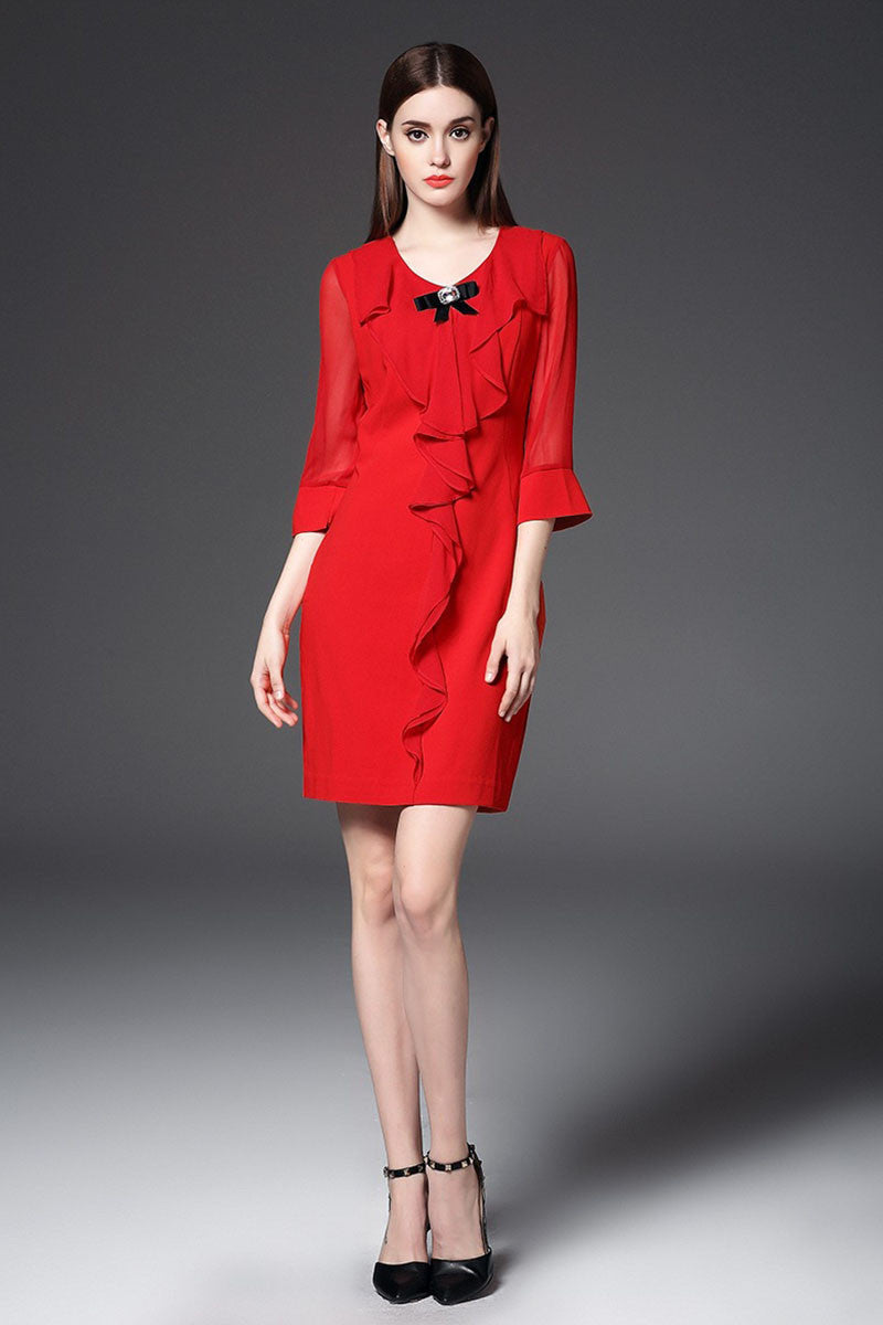 Bowknot CollarFlare Sleeve Irregular Chiffon Ruffle Slim Dress