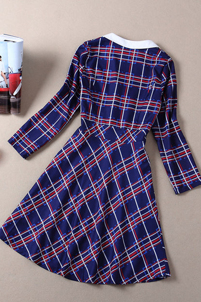 PLAID V NECK AND LAPEL SLIM LONG SLEEVE PARTY DRESS
