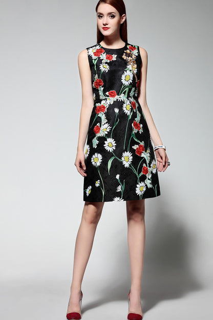 Embossed Short Dress With Embroidered And Acrylic Brooch