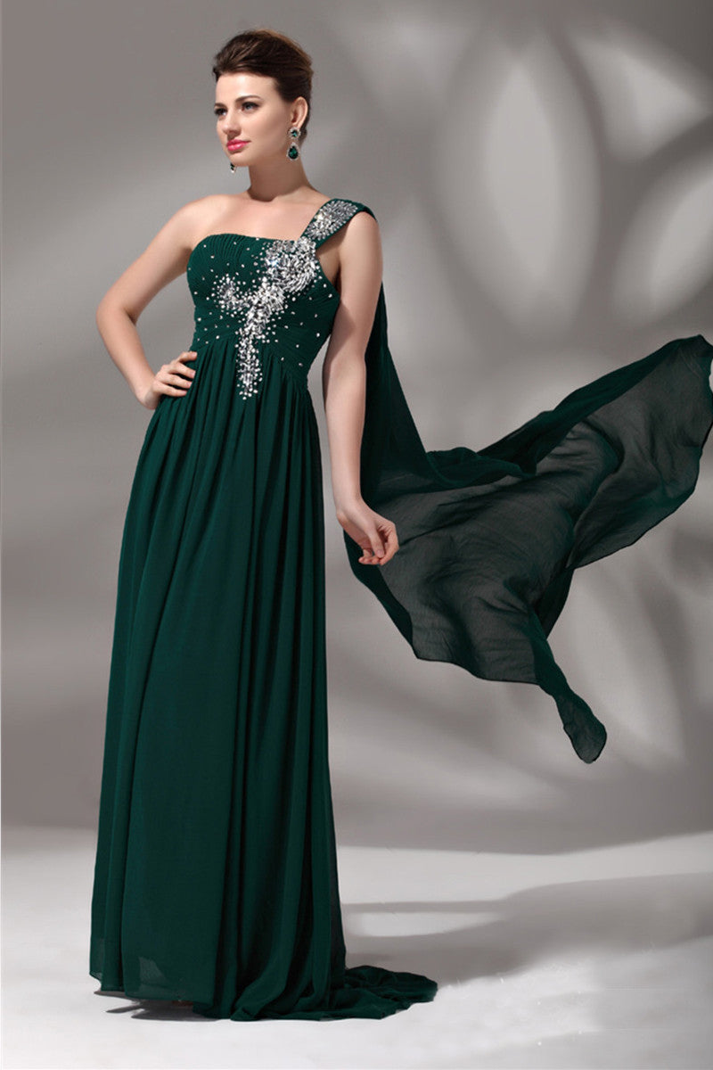 One Shoulder Bling Beaded Rhinestone Runched Gown Dress