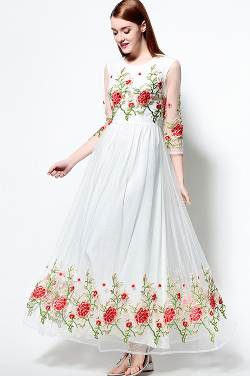 Rose Embroidered Illusion Long Cocktail Dress