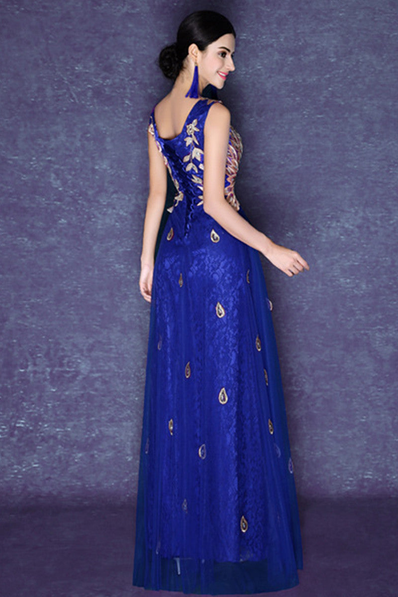 Deep V Neck Sequined Beaded Peacock Grown Dress