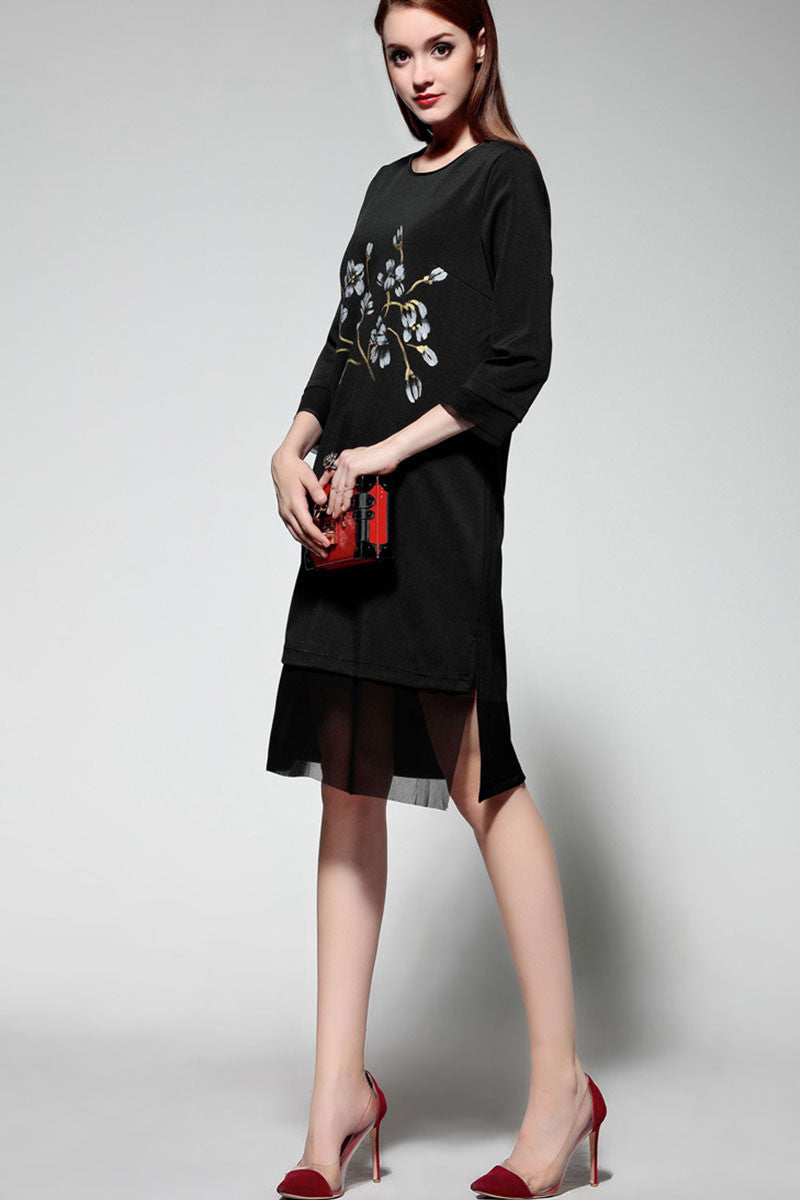 Round Collar Flowers Print Side Slit Mesh Patch Stretch Dress