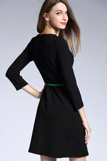 FORMAL FLOWER PRINTING ROUND NECK 3/4 SLEEVE  DRESS WITH BELT
