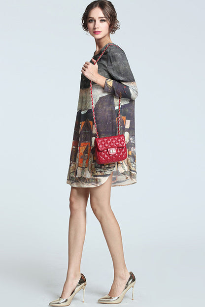 Round Collar Oil Painting Print SIDE Slit Dress
