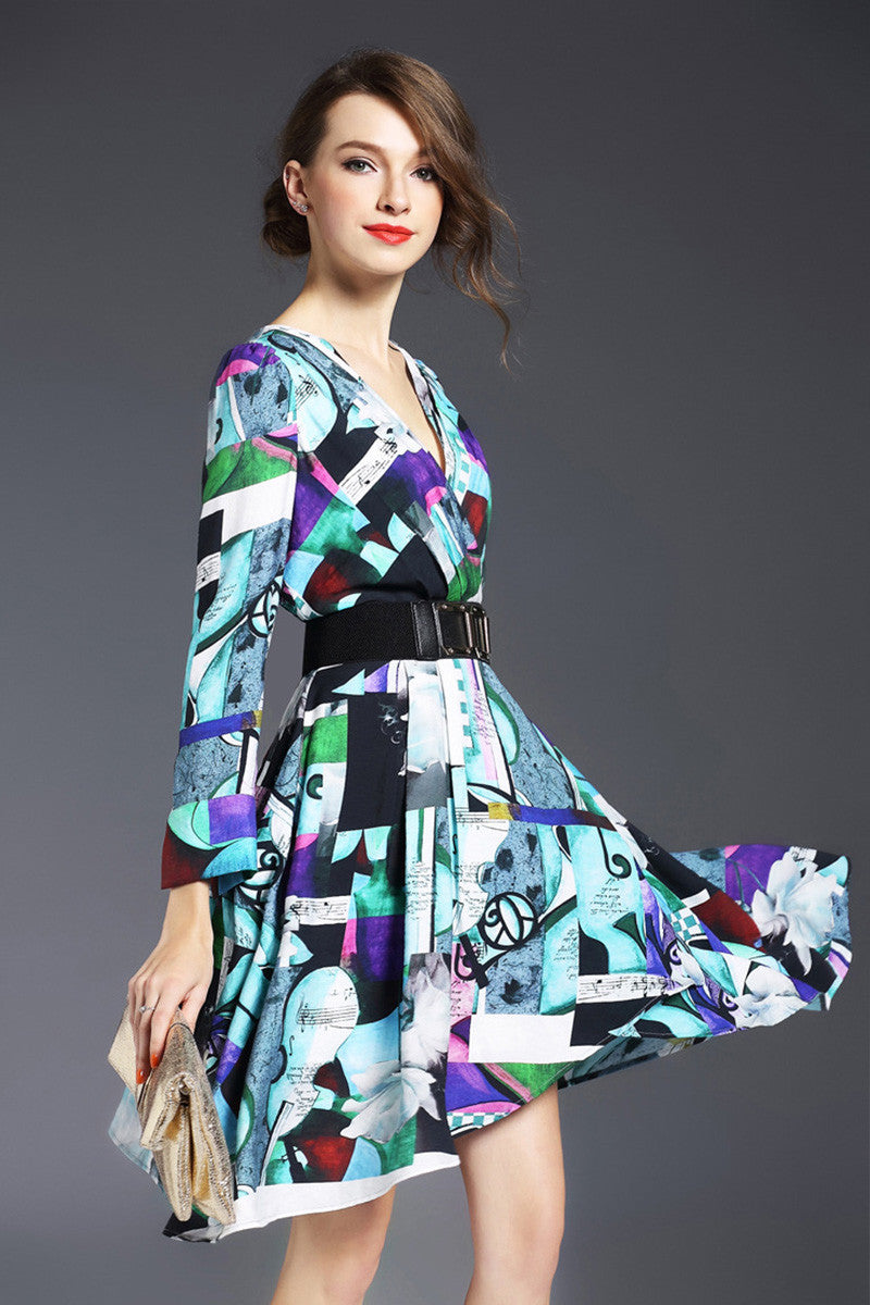 Multi Printting Deep-V Dress - NJOYDRESS - 2